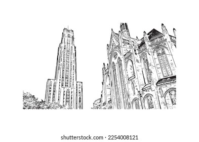 Building view with landmark of Pittsburgh is a city in western Pennsylvania. Hand drawn sketch illustration in vector.