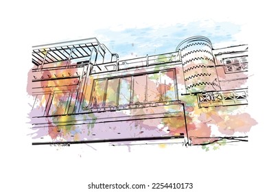 Building view with landmark of Playa Blanca is the 
town in Spain. Watercolor splash with hand drawn sketch illustration in vector.