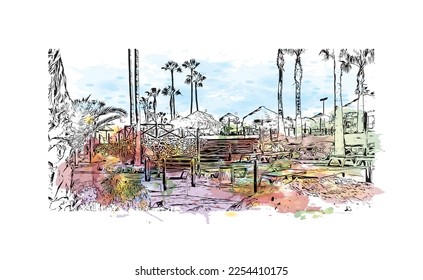 Building view with landmark of Playa Blanca is the 
town in Spain. Watercolor splash with hand drawn sketch illustration in vector.