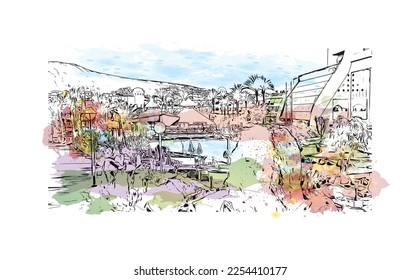 Building view with landmark of Playa Blanca is the 
town in Spain. Watercolor splash with hand drawn sketch illustration in vector.