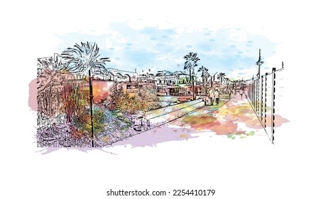 Building view with landmark of Playa Blanca is the 
town in Spain. Watercolor splash with hand drawn sketch illustration in vector.