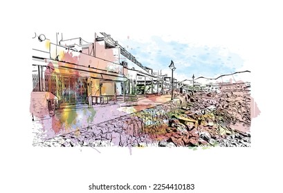 Building view with landmark of Playa Blanca is the 
town in Spain. Watercolor splash with hand drawn sketch illustration in vector.