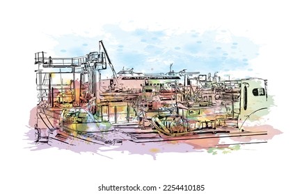 Building view with landmark of Playa Blanca is the 
town in Spain. Watercolor splash with hand drawn sketch illustration in vector.