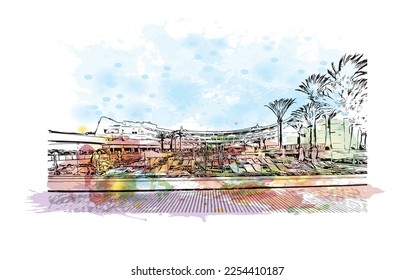 Building view with landmark of Playa Blanca is the 
town in Spain. Watercolor splash with hand drawn sketch illustration in vector.