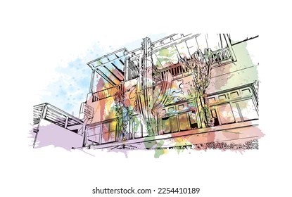 Building view with landmark of Playa Blanca is the 
town in Spain. Watercolor splash with hand drawn sketch illustration in vector.