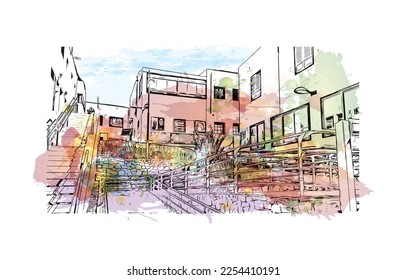 Building view with landmark of Playa Blanca is the 
town in Spain. Watercolor splash with hand drawn sketch illustration in vector.