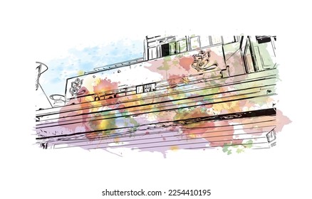 Building view with landmark of Playa Blanca is the 
town in Spain. Watercolor splash with hand drawn sketch illustration in vector.