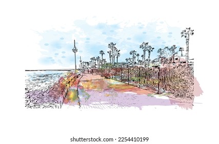 Building view with landmark of Playa Blanca is the 
town in Spain. Watercolor splash with hand drawn sketch illustration in vector.