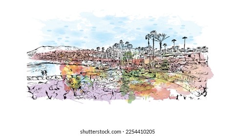 Building view with landmark of Playa Blanca is the 
town in Spain. Watercolor splash with hand drawn sketch illustration in vector.