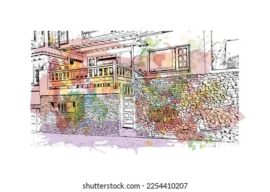 Building view with landmark of Playa Blanca is the 
town in Spain. Watercolor splash with hand drawn sketch illustration in vector.