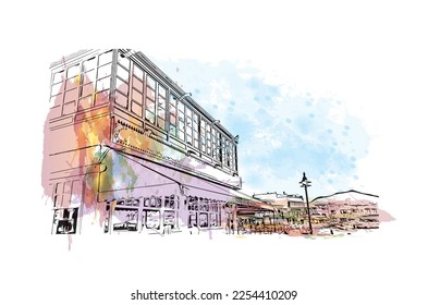 Building view with landmark of Playa Blanca is the 
town in Spain. Watercolor splash with hand drawn sketch illustration in vector.