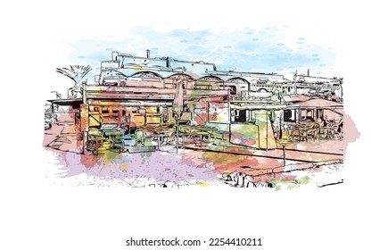 Building view with landmark of Playa Blanca is the 
town in Spain. Watercolor splash with hand drawn sketch illustration in vector.