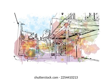 Building view with landmark of Playa Blanca is the 
town in Spain. Watercolor splash with hand drawn sketch illustration in vector.