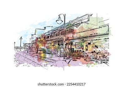 Building view with landmark of Playa Blanca is the 
town in Spain. Watercolor splash with hand drawn sketch illustration in vector.