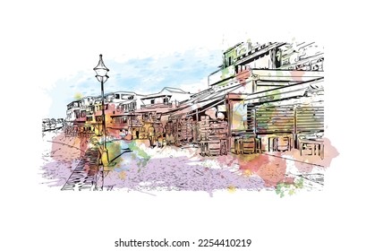 Building view with landmark of Playa Blanca is the 
town in Spain. Watercolor splash with hand drawn sketch illustration in vector.