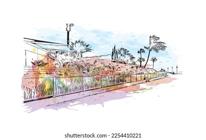 Building view with landmark of Playa Blanca is the 
town in Spain. Watercolor splash with hand drawn sketch illustration in vector.