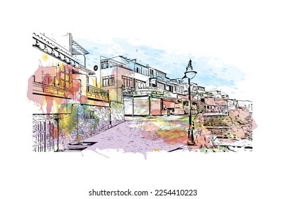 Building view with landmark of Playa Blanca is the 
town in Spain. Watercolor splash with hand drawn sketch illustration in vector.