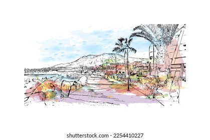 Building view with landmark of Playa Blanca is the 
town in Spain. Watercolor splash with hand drawn sketch illustration in vector.