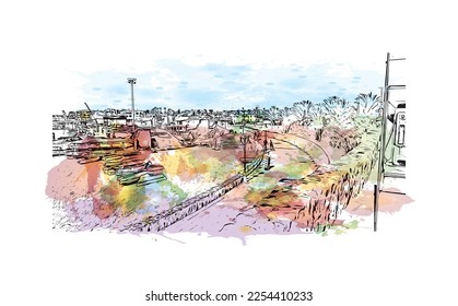 Building view with landmark of Playa Blanca is the 
town in Spain. Watercolor splash with hand drawn sketch illustration in vector.