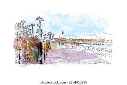 Building view with landmark of Playa Blanca is the 
town in Spain. Watercolor splash with hand drawn sketch illustration in vector.