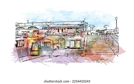 Building view with landmark of Playa Blanca is the 
town in Spain. Watercolor splash with hand drawn sketch illustration in vector.