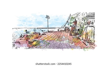 Building view with landmark of Playa Blanca is the 
town in Spain. Watercolor splash with hand drawn sketch illustration in vector.