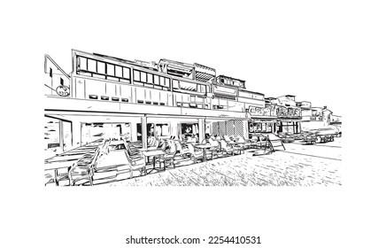 Building view with landmark of Playa Blanca is the 
town in Spain. Hand drawn sketch illustration in vector.