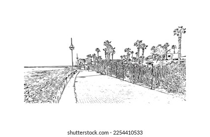 Building view with landmark of Playa Blanca is the 
town in Spain. Hand drawn sketch illustration in vector.