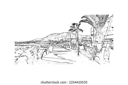 Building view with landmark of Playa Blanca is the 
town in Spain. Hand drawn sketch illustration in vector.