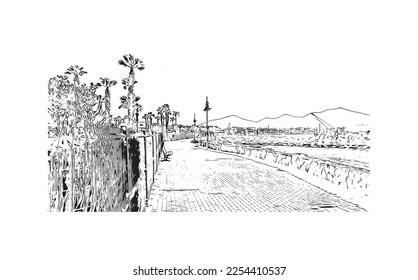 Building view with landmark of Playa Blanca is the 
town in Spain. Hand drawn sketch illustration in vector.