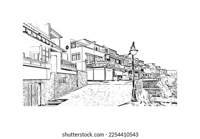 Building view with landmark of Playa Blanca is the 
town in Spain. Hand drawn sketch illustration in vector.