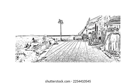 Building view with landmark of Playa Blanca is the 
town in Spain. Hand drawn sketch illustration in vector.