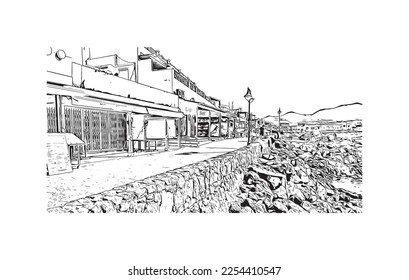 Building view with landmark of Playa Blanca is the 
town in Spain. Hand drawn sketch illustration in vector.