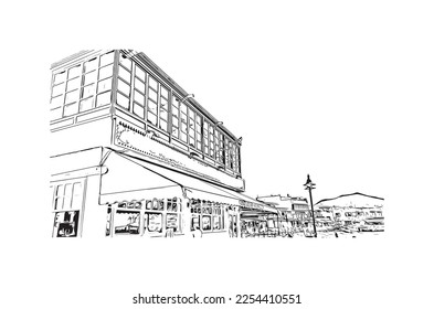 Building view with landmark of Playa Blanca is the 
town in Spain. Hand drawn sketch illustration in vector.