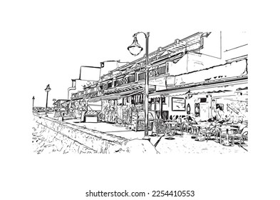 Building view with landmark of Playa Blanca is the 
town in Spain. Hand drawn sketch illustration in vector.