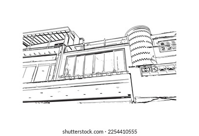 Building view with landmark of Playa Blanca is the 
town in Spain. Hand drawn sketch illustration in vector.