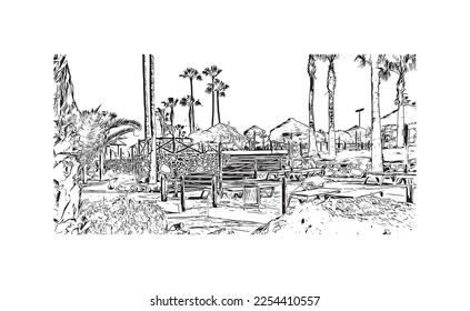 Building view with landmark of Playa Blanca is the 
town in Spain. Hand drawn sketch illustration in vector.