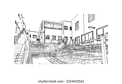 Building view with landmark of Playa Blanca is the 
town in Spain. Hand drawn sketch illustration in vector.