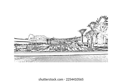 Building view with landmark of Playa Blanca is the 
town in Spain. Hand drawn sketch illustration in vector.