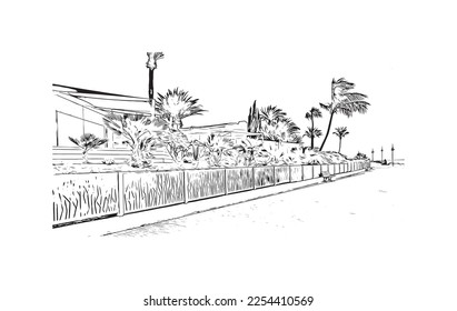 Building view with landmark of Playa Blanca is the 
town in Spain. Hand drawn sketch illustration in vector.