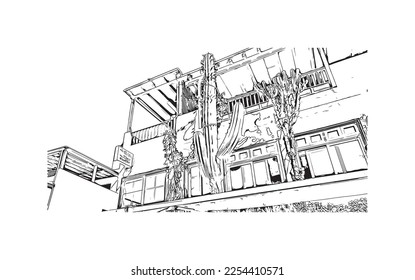 Building view with landmark of Playa Blanca is the 
town in Spain. Hand drawn sketch illustration in vector.