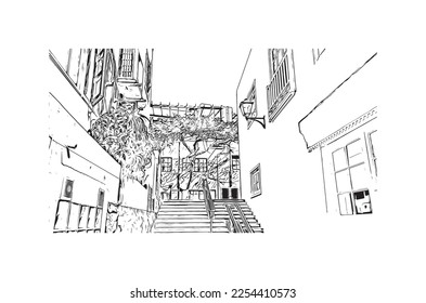 Building view with landmark of Playa Blanca is the 
town in Spain. Hand drawn sketch illustration in vector.