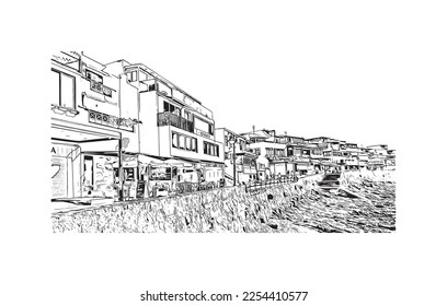 Building view with landmark of Playa Blanca is the 
town in Spain. Hand drawn sketch illustration in vector.