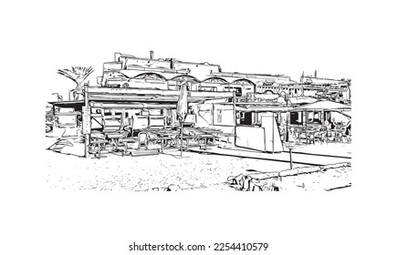 Building view with landmark of Playa Blanca is the 
town in Spain. Hand drawn sketch illustration in vector.