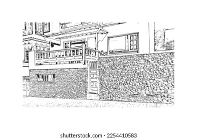 Building view with landmark of Playa Blanca is the 
town in Spain. Hand drawn sketch illustration in vector.