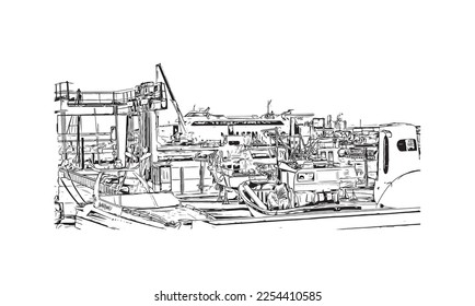 Building view with landmark of Playa Blanca is the 
town in Spain. Hand drawn sketch illustration in vector.