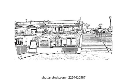 Building view with landmark of Playa Blanca is the 
town in Spain. Hand drawn sketch illustration in vector.