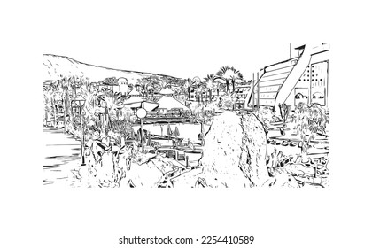 Building view with landmark of Playa Blanca is the 
town in Spain. Hand drawn sketch illustration in vector.