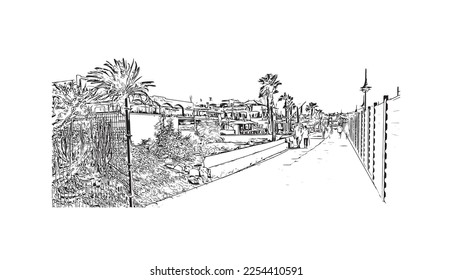 Building view with landmark of Playa Blanca is the 
town in Spain. Hand drawn sketch illustration in vector.