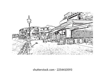 Building view with landmark of Playa Blanca is the 
town in Spain. Hand drawn sketch illustration in vector.